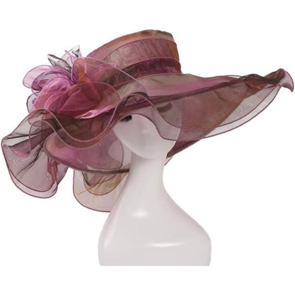 Women Sun Hat Church Wide Brim Dark Red - Picture 2 of 4